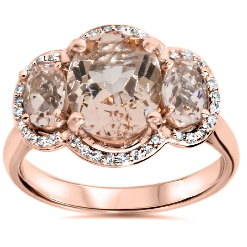 Women’s gemstone eternity ring-2 3/4ct Morganite 3 Stone Diamond Oval Halo Ring Rose Gold