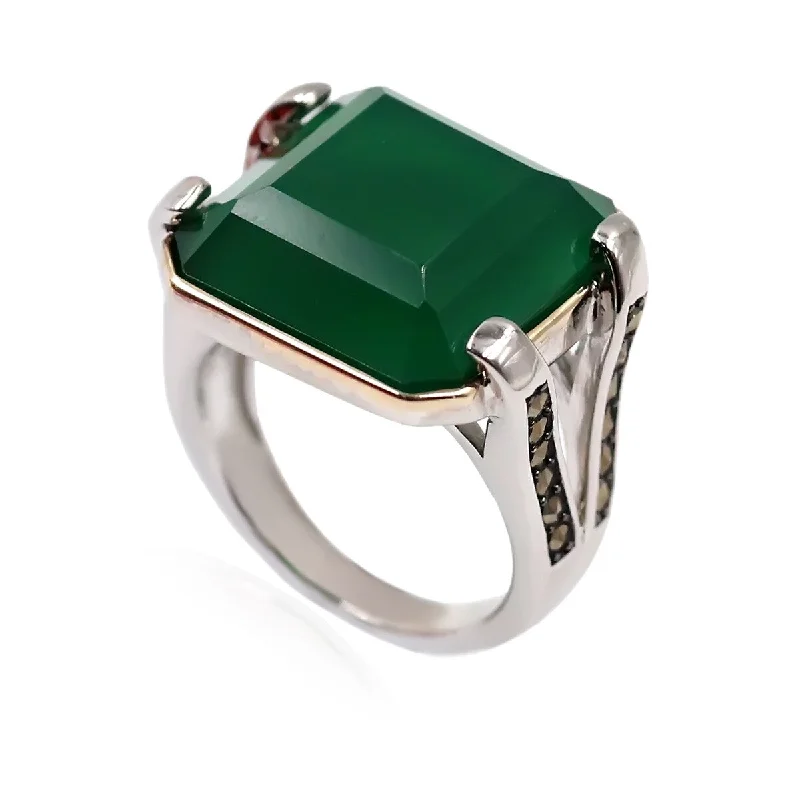 Women’s cocktail ring-14k Gold and Sterling Silver Green Agate and Marcasite Ring