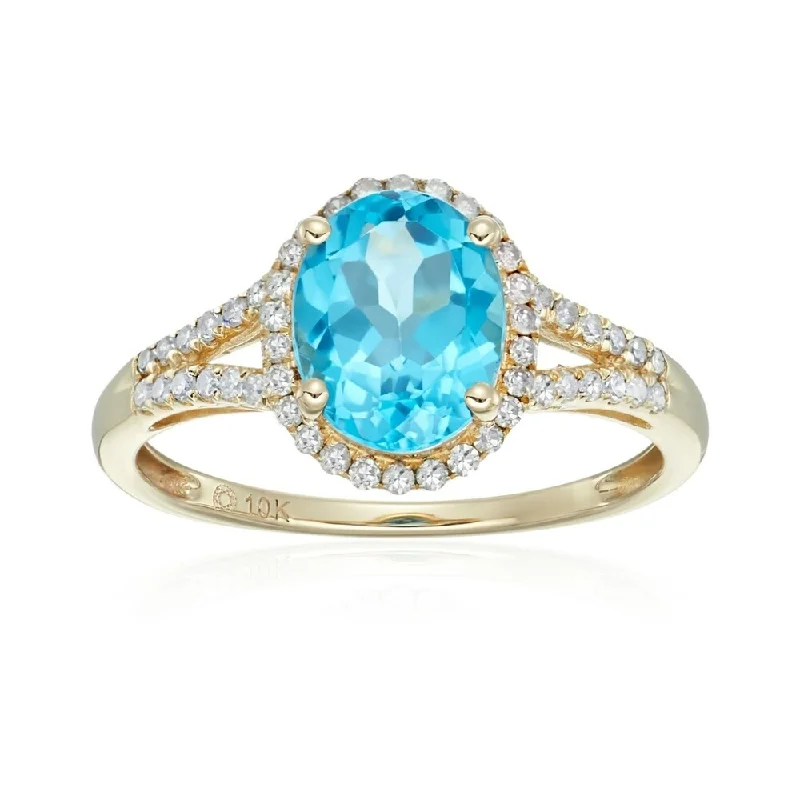 Women’s silver gemstone ring-10k Yellow Gold Swiss Blue Topaz and Diamond Ring