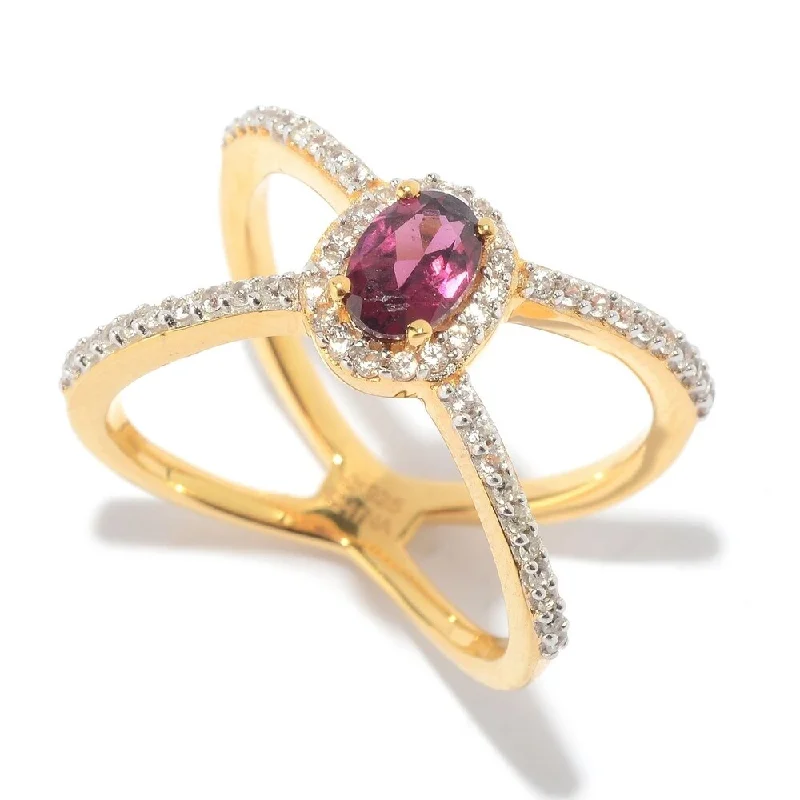 Women’s silver stackable ring-Yellow Vermeil "X" Halo Rhodolite Ring