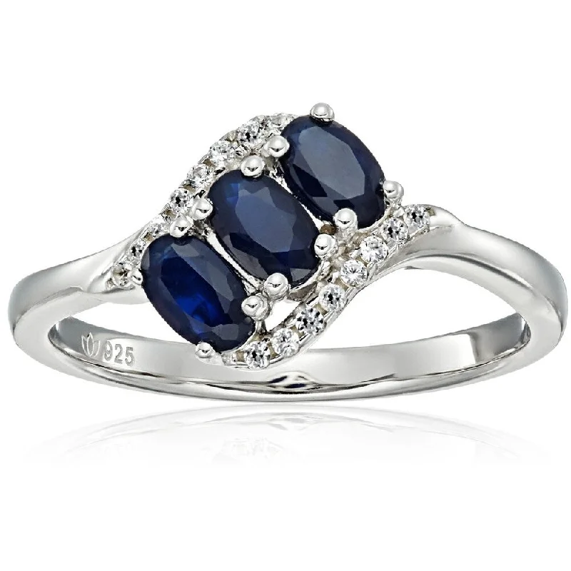 Women’s wedding band with diamonds-Ster Silver Blue Sapphire, Created White Sapphire 3-stone Ring, Sz 7