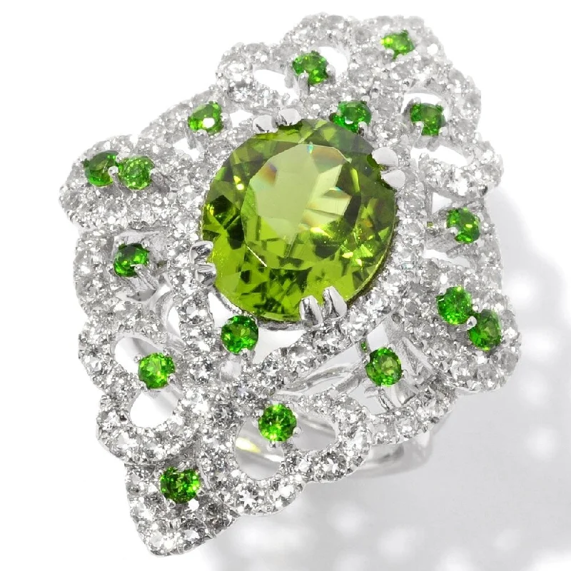 Women’s classic ring-Sterling Silver Peridot and White Topaz North-south Large Cocktail Ring