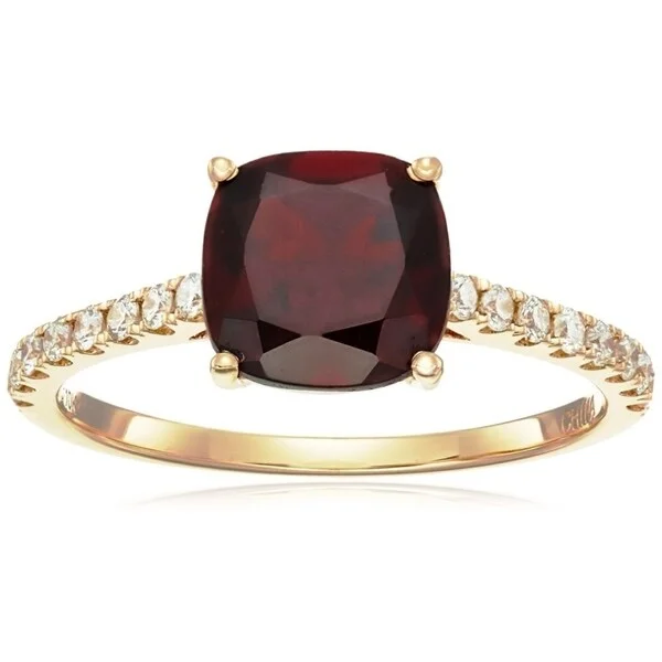 Women’s dainty ring-10k Yellow Gold Red Garnet Cushion Diamond Solitaire Ring, Size 7