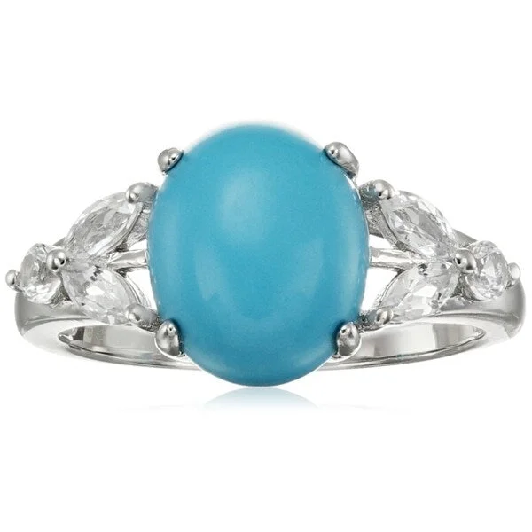 Women’s gold ring-Sterling Silver Natural Turquoise, Created White Sapphire Ring, Size 7 - Blue