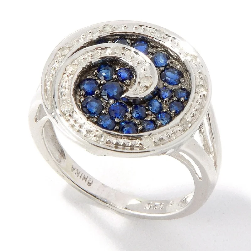 Women’s wedding ring-Platinum o/ Silver 0.71ctw Blue Sapphire & Diamond Cluster Ring