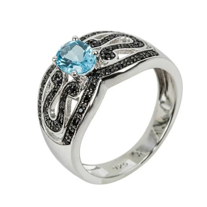 Women’s mixed metal ring-925 Sterling Silver Swiss Blue Topaz and Black Spinel Ring