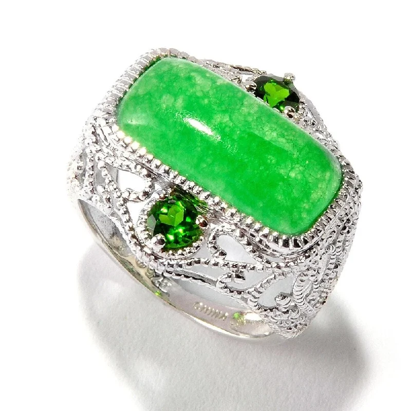 Women’s vintage ring-Sterling Silver 5.13Ctw Green Jade and Chrome Diopside Ring