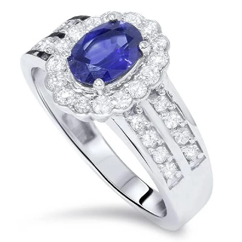 Women’s chunky ring-1 1/2ct Oval Sapphire Diamond Halo Ring White Gold