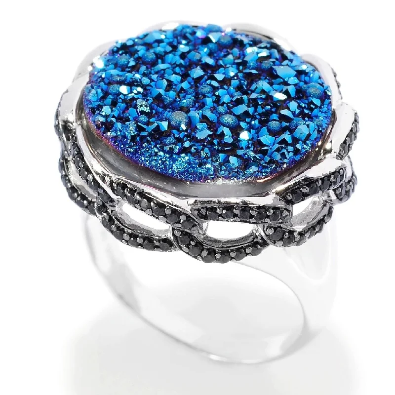 Women’s mixed metal ring-925 Sterling Silver Black Spinel and Blue Drusy Ring