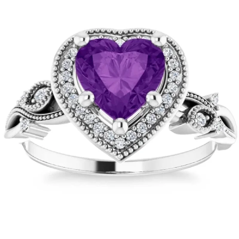 Women’s black diamond ring-7mm Amethyst Vintage Diamond Heart Shape Halo Ring in White or Yellow Gold