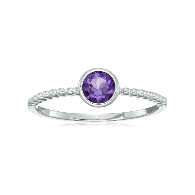 Women’s cocktail ring-10k White Gold African Amethyst Solitaire Beaded Stackable Ring