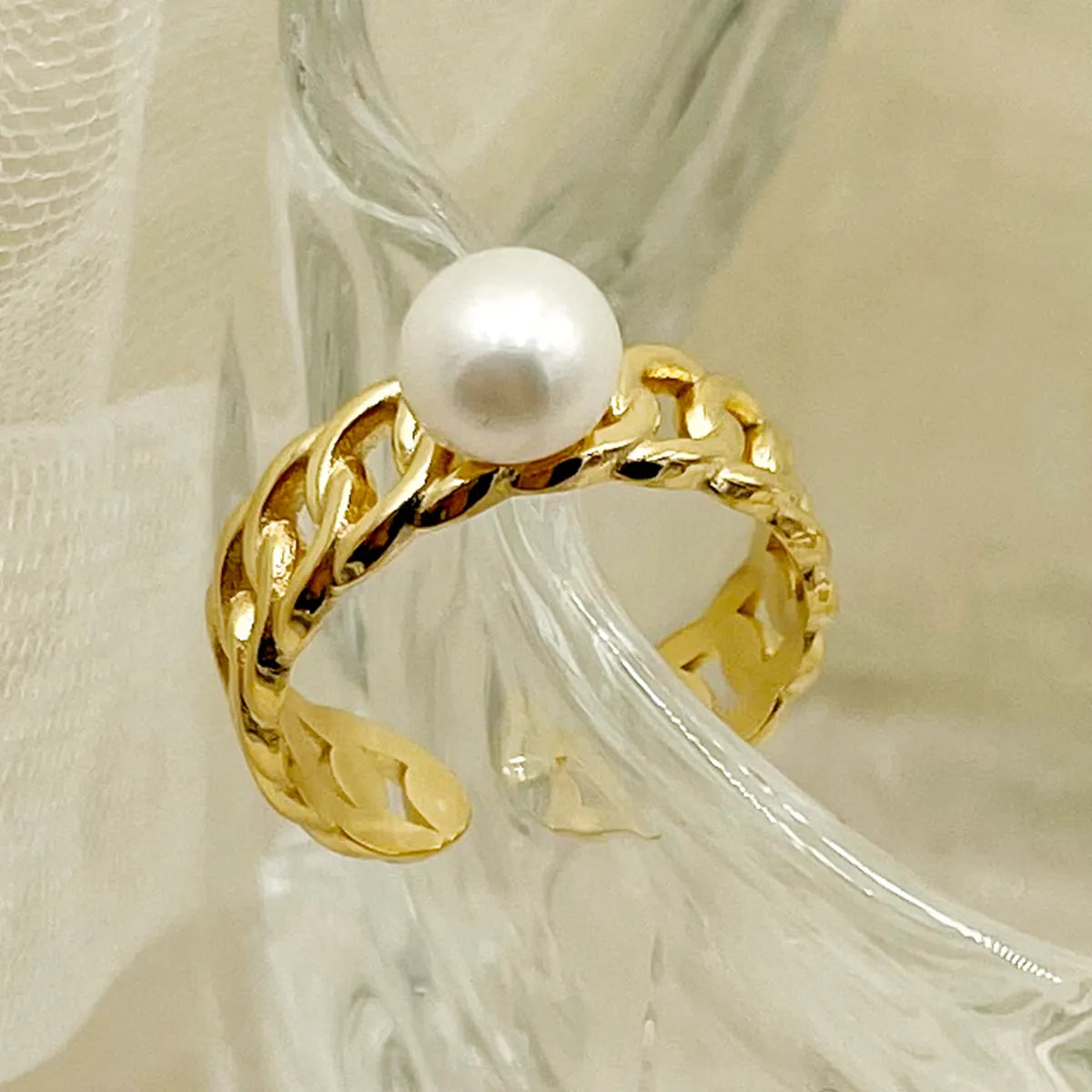 Women’s fine diamond ring-Commute Round Stainless Steel Plating Inlay Artificial Pearls Gold Plated Open Rings