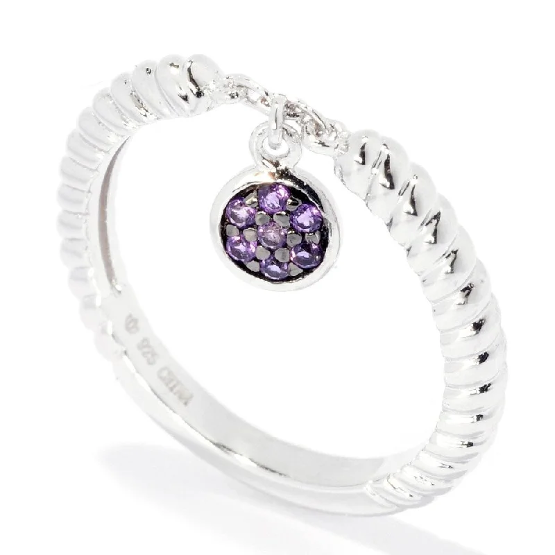 Women’s minimalist ring-Sterling Silver Round Amethyst Dangle Charm Stack Band Ring