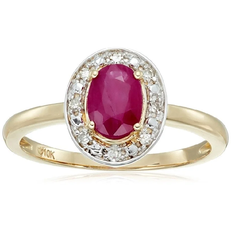 Women’s custom-made engagement ring-10k Yellow Gold, Ruby & Diamond Classic Princess Di Halo Ring, Sz 7 - Red