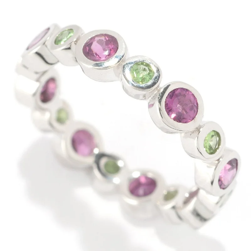 Women’s wedding band with diamonds-925 Sterling Silver Rhodolite Garnet and Tsavorite Band Ring