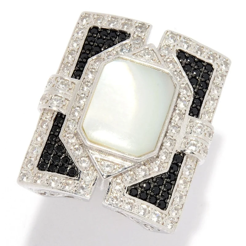 Women’s promise ring-Dallas Prince Mother-of-Pearl, Black Spinel & White Zircon Rectangular Ring