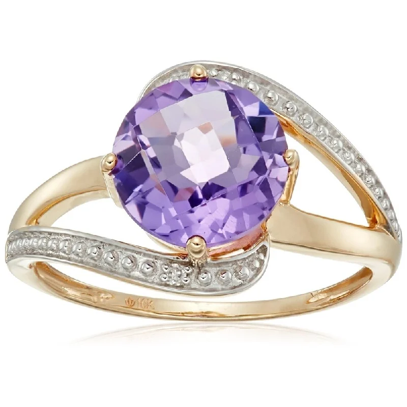 Women’s floral ring-10k Yellow Gold African Amethyst & Diamond Solitaire Ring, Size 7 - Purple