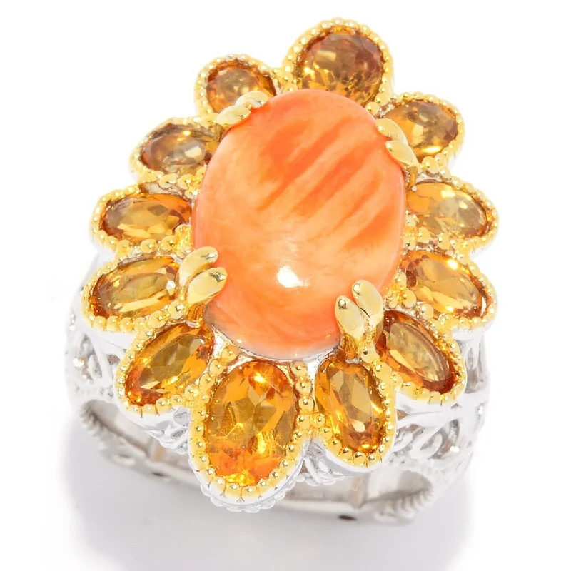 Women’s moonstone ring-Dallas Prince Designs 14 x 10mm Oval Spiny Oyster & Sunset Citrine Flower Ring