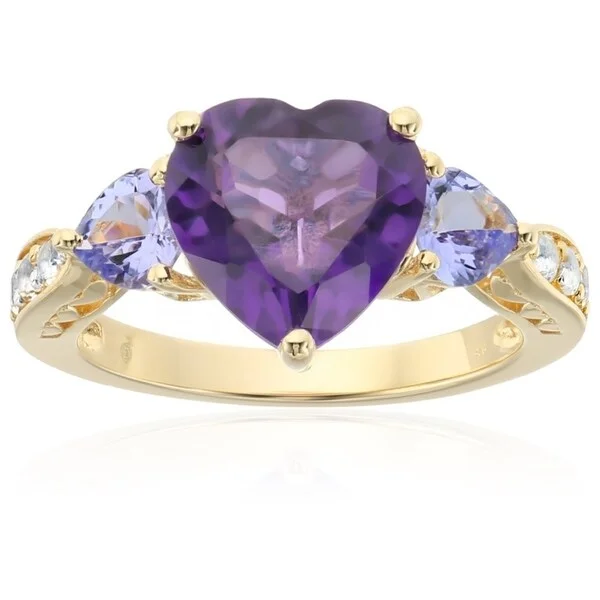 Women’s sapphire engagement ring-Yellow Gold-plated Silver Amethyst, Tanzanite 3-stone Heart Ring, Sz 7 - Purple