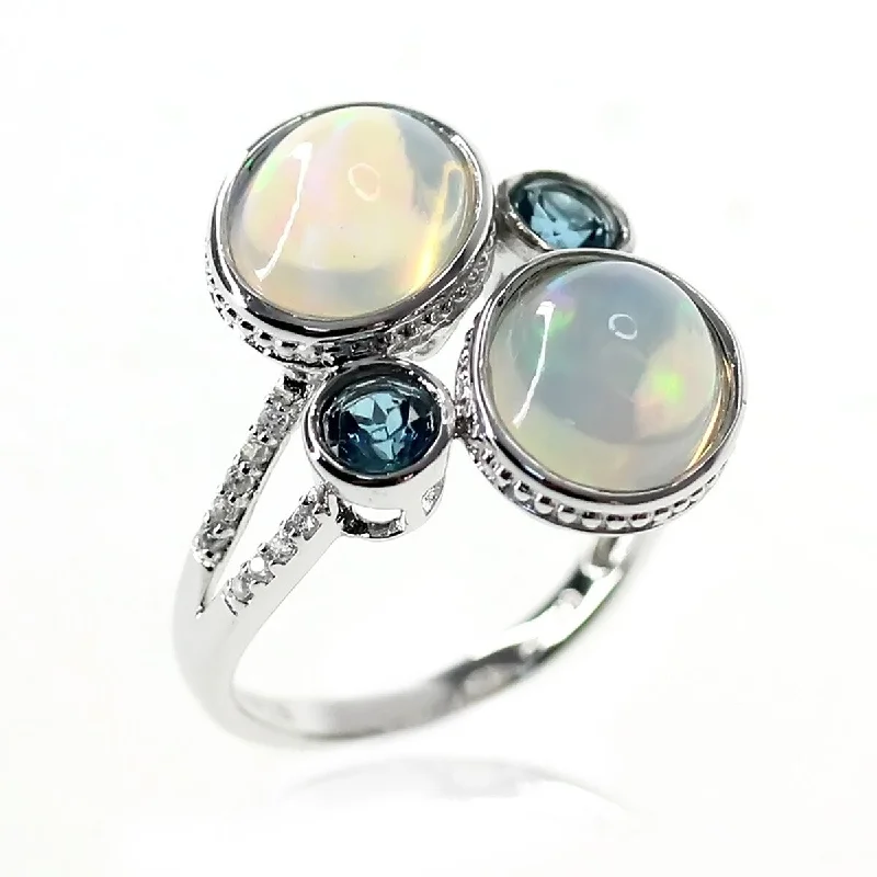 Women’s emerald ring-925 Sterling Silver Ethiopian Opal and London Blue Topaz Gemstone Ring