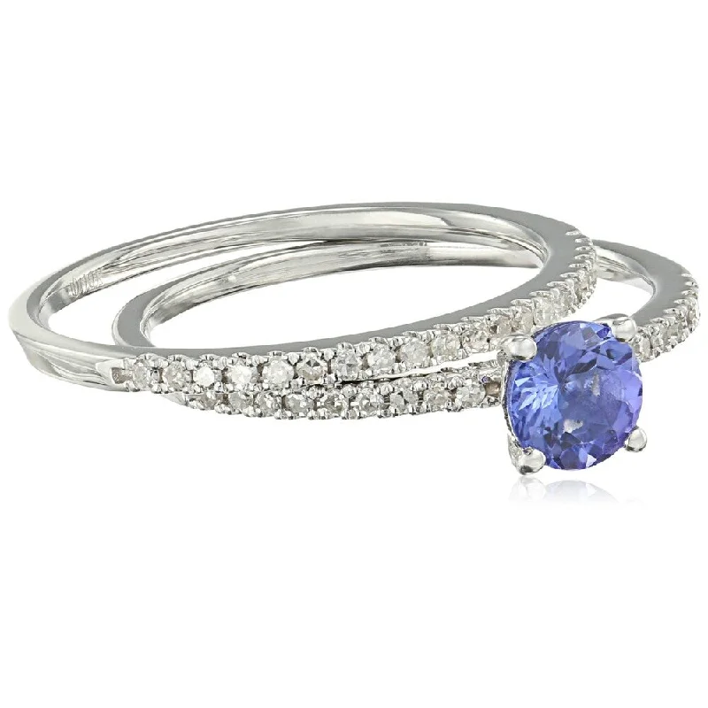 Women’s vintage-inspired ring-10k White Gold AAA Tanzanite and Diamond Stackable Ring, Size 7