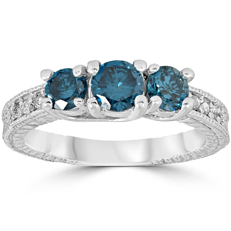 Women’s silver wedding ring-1 Carat Treated Blue Diamond Vintage 3 Stone Ring White Gold