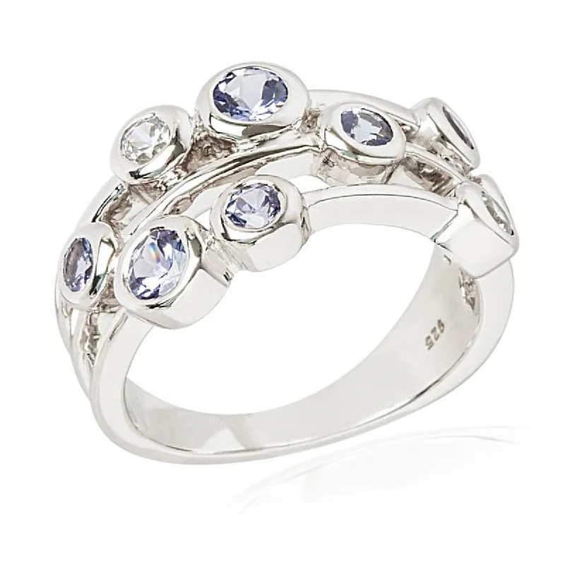 Women’s mixed metal ring-925 Sterling Silver Tanzanite And White Natural Zircon Cluster Ring