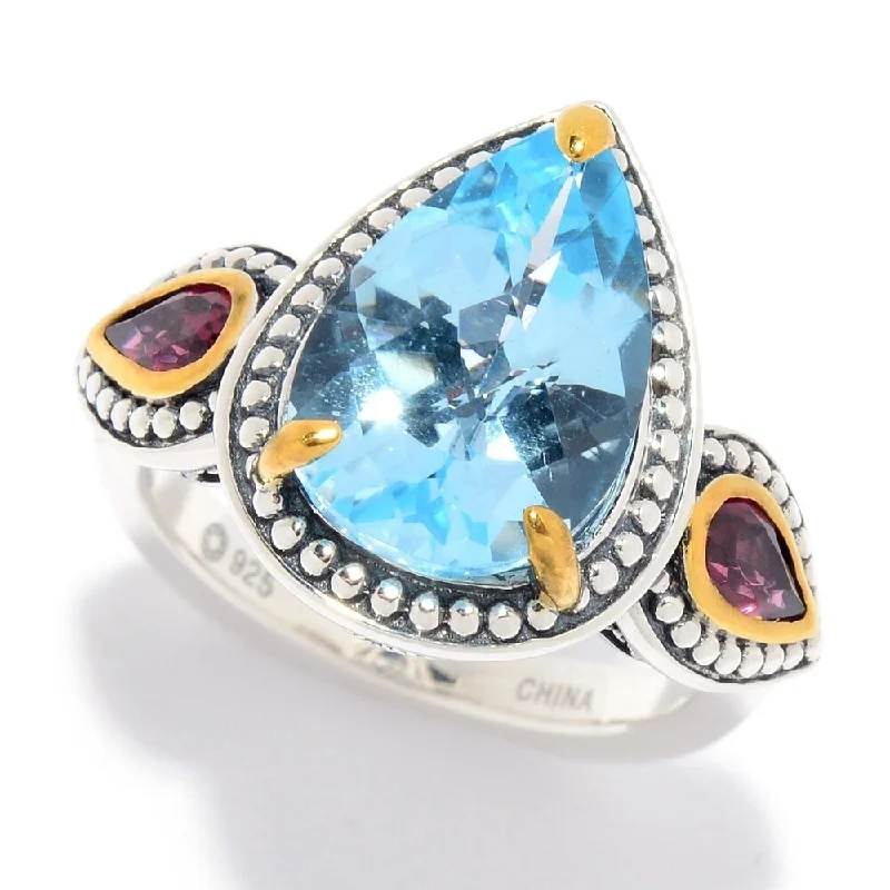 Women’s gold ring-Multi Sky Blue Topaz 3-Stone Beaded Ring