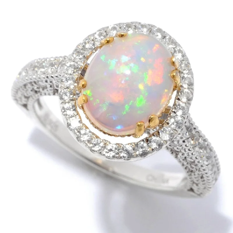 Women’s gold engagement ring-925 Sterling Silver Ethiopian Opal and White Natural Zircon Ring