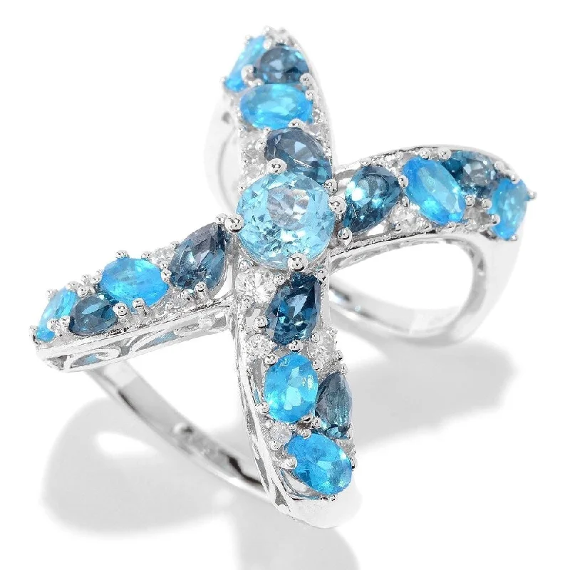 Women’s promise ring-Pinctore SS Swiss Blue Topaz, Neon Apatite, London Blue Topaz Ring, Size 7