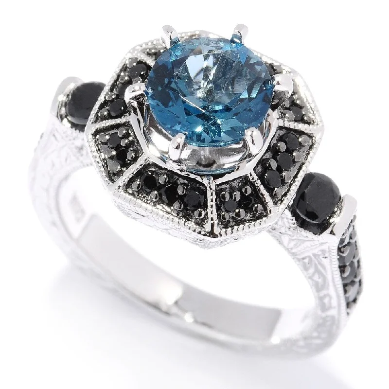 Women’s platinum wedding band-925 Sterling Silver Black Spinel and London Blue Topaz Ring