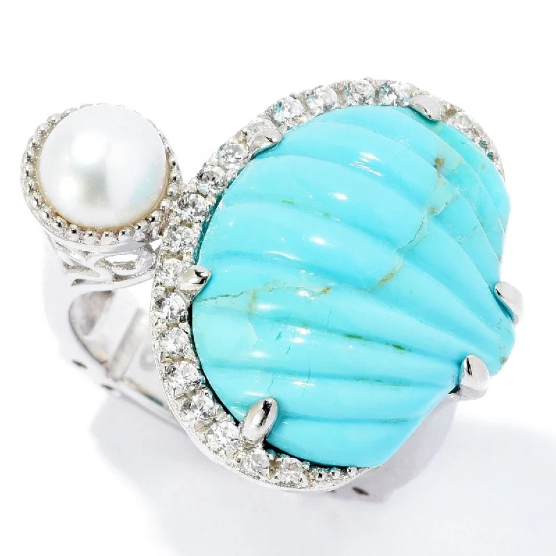 Women’s cubic zirconia ring-Dallas Prince Sterling Silver Carved Gemstone, Cultured Pearl & White Zircon Ring