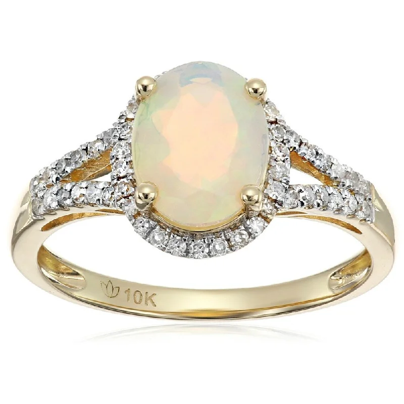 Women’s eternity ring-10k Yellow Gold Ethiopian Opal and Diamond Oval Ring, Size 7 - White