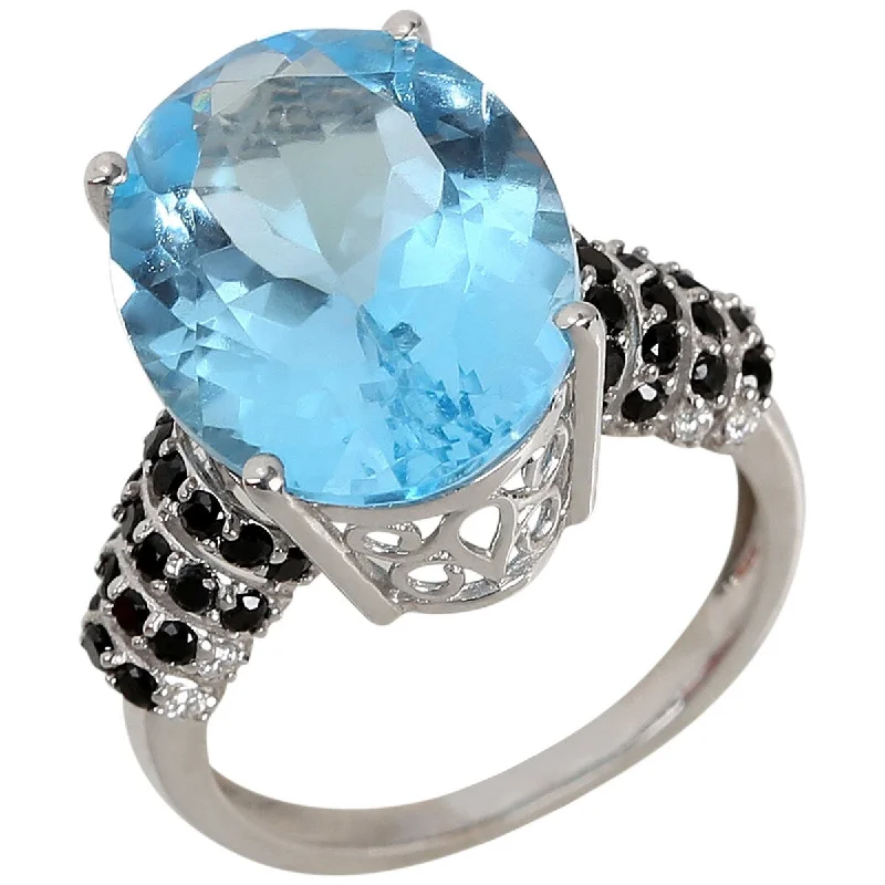 Women’s halo diamond ring-925 Sterling Silver Sky Blue Topaz and Black Spinel Gemstone Solitaire Ring